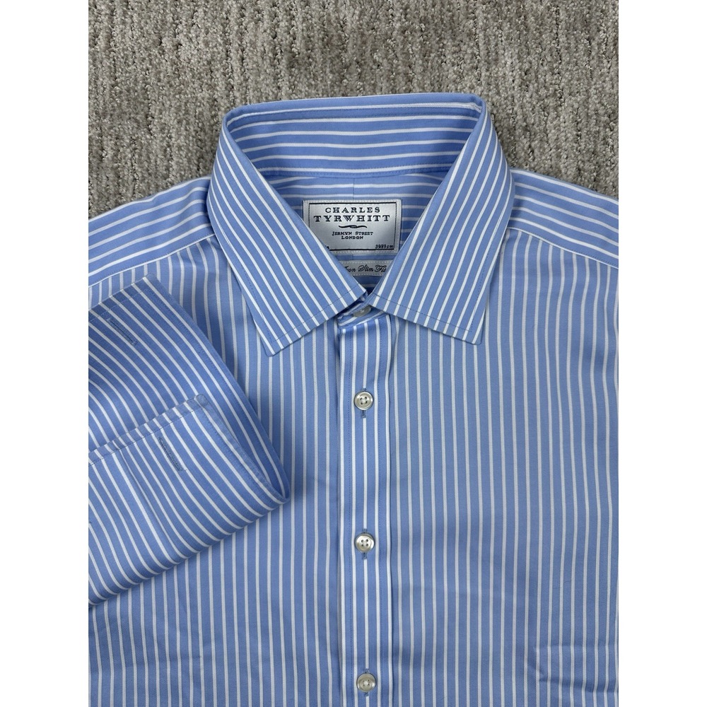 Charles Tyrwhitt 15.5/35 Blue Striped Dress Shirt Slim Fit Non Iron French Cuffs